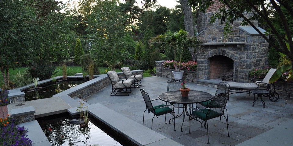 patio with pond & fireplace