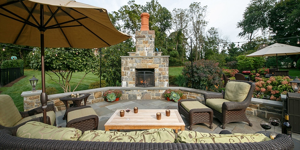 stone fireplace with lounging area